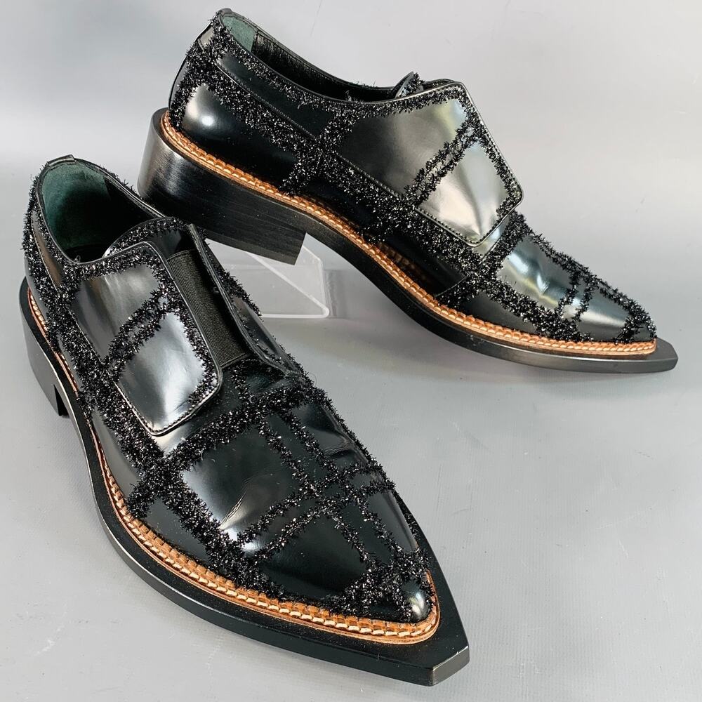 SIMONE ROCHA Size 8 Black Tinsel Embellishment Leather Slip On Loafers